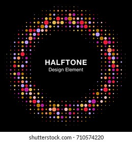 Halftone circle vector frame with colorful abstract random dots, logo emblem design element for technology, medical, treatment, cosmetic. Round border Icon using halftone circle dots raster texture.