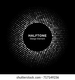 Halftone circle vector frame with white abstract random dots, logo emblem design element for technology, medical, treatment, cosmetic. Round border Icon using halftone circle dots raster texture.