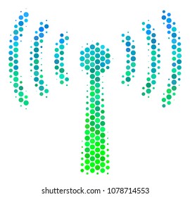 Halftone circle Wi-Fi Station pictogram. Pictogram in green and blue shades on a white background. Vector collage of wi-fi station icon composed of spheric spots.