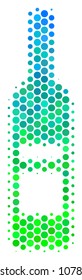 Halftone circle Wine Bottle pictogram. Icon in green and blue color tinges on a white background. Vector composition of wine bottle icon made of circle blots.