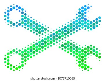 Halftone circle Wrenches icon. Icon in green and blue color hues on a white background. Vector composition of wrenches icon designed of round items.