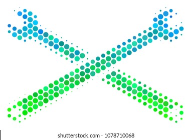 Halftone circle Wrenches icon. Icon in green and blue color hues on a white background. Vector composition of wrenches icon combined of sphere elements.