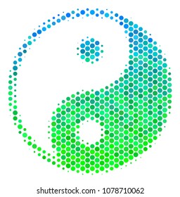 Halftone circle Yin Yang pictogram. Pictogram in green and blue color hues on a white background. Vector collage of yin yang icon created of sphere blots.