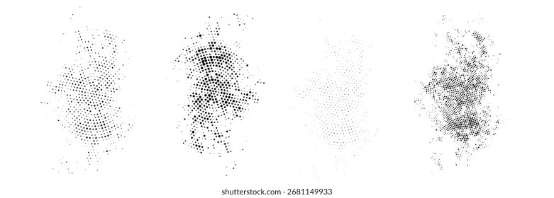 Halftone circles. Abstract dotted circles, round halftones, geometric dotted gradients, and pop art textures. Dot spray gradient vector set. Dotted halftone gradient illustration, round effect.