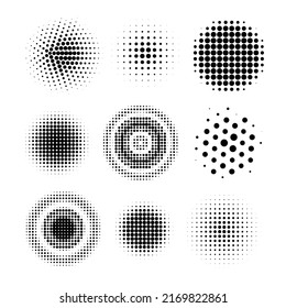 Halftone circles, halftone dot pattern texture set on white background