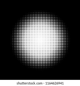 Halftone circles, halftone dots pattern, vector. White dots on black background. Monochrome half-tone. Circle halftone Dots, Fine Radial Gradient For Your Design.