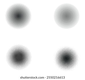 Círculos semitonos, patrón de puntos semitonos, Vector, grunge. Puntos blancos sobre fondo negro. Medio tono monocromático. Puntos De Medio Tono Círculo, Gradiente Radial Fino Para Su Diseño.