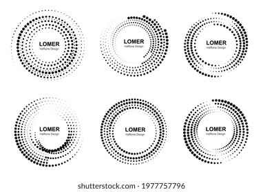 Halftone circles with dots. Set of circular dotted frames, logo design elements.