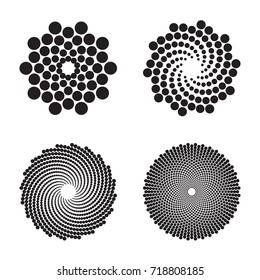 Halftone circles of dots, twisted spirals. Black design elements isolated on a white background. Vector illustration