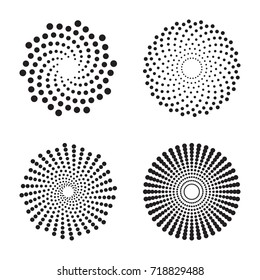Halftone circles of dots, twisted spirals. Black design elements isolated on a white background. Vector illustration