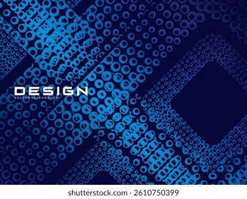 Halftone circles frame dark blue digital technology banner gradient web background. Trendy modern futuristic graphics, suitable for banners, brochures, business, flyers, posters, websites, etc.