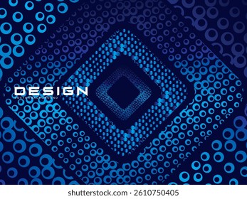 Halftone circles frame dark blue digital technology banner gradient web background. Trendy modern futuristic graphics, suitable for banners, brochures, business, flyers, posters, websites, etc.