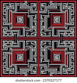 Halftone circles maze style black white red textured seamless pattern. Half tone geometric labyrinth vector background. Modern mosaic ornaments. Endless texture. Repeat ornate trendy dotted backdrop.