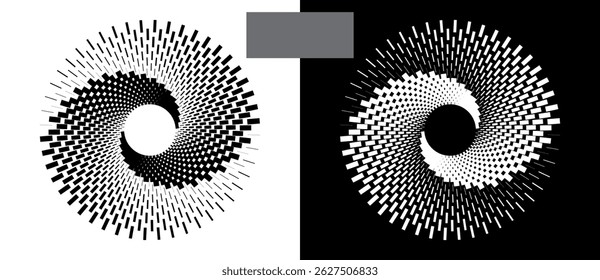 Halftone circles with rectangles. Abstract creative spiral like icon, logo, tattoo. Black shape on a white background and the same white shape on the black side.