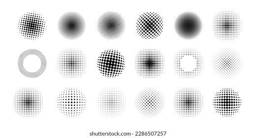 Halftone circles. Retro geometric circles with polka dots and tone gradient, black and white round shapes for print design. Vector set. Fading dark spheres isolated on white, art collection