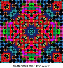 Halftone umkreist nahtloses Muster. Farbiger Vektorhintergrund auf halbem Hintergrund. Polka dots Ornamente. Wiederholen Sie die Mosaikhintergründe. Modernes Zierdesign mit geometrischen abstrakten Formen, Kreisen.