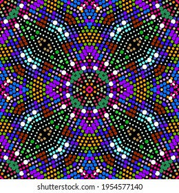 Los círculos de media tonalidad son un patrón sin fisuras. Fondo de medio tono de vector colorido. La polka hace adornos. Repetir el fondo de mosaico radial. Diseño texturizado moderno con formas geométricas abstractas, círculos.