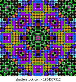 Los círculos de media tonalidad son un patrón sin fisuras. Fondo de medio tono de vector colorido. La polka hace adornos. Repetir el fondo del mosaico. Diseño texturizado moderno con formas geométricas abstractas, círculos.