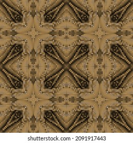 Halftone circles seamless pattern. Half tone polka dots background. Repeat abstract polkadots backdrop. Modern geometric  ornaments. Ornate abstract futuristic design in brown beige colors.