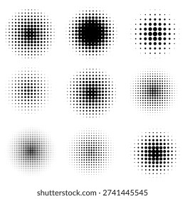 Halftone circles set. Abstract radial dot gradient elements. Modern geometric design elements featuring varying density and scale. For posters, branding, backgrounds, digital artwork, print. Vector.