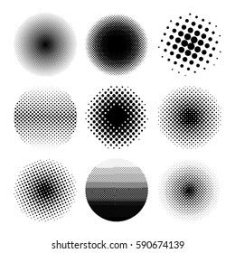 Halftone circles set, dot pattern. Vector illustration. Isolated on white background