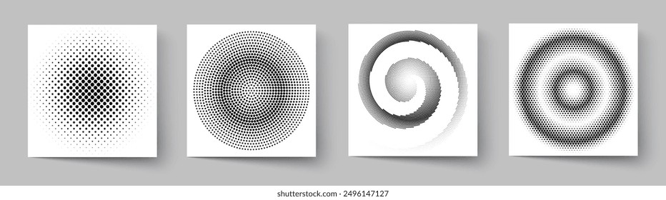 Halftone circles set. Duotone round shaped transition. Modern design elements for icon, emblem, logo, border, frame, pattern, backdrop, wallpaper. Abstract geometric background, vector illustration.