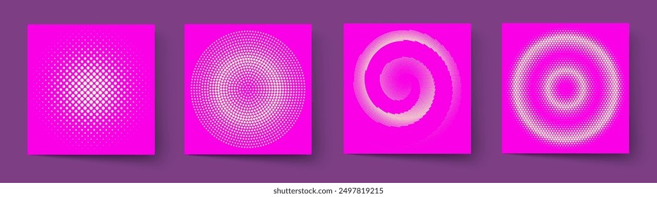 Halftone circles set. Duotone round shaped transition. Modern design elements for icon, emblem, logo, border, frame, pattern, backdrop, wallpaper. Abstract geometric background, vector illustration.