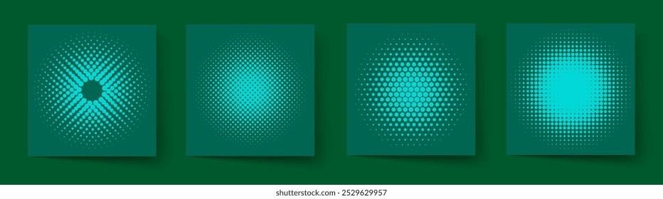 Halftone circles set. Duotone round shaped transition. Modern design elements for icon, emblem, logo, border, frame, pattern, backdrop, wallpaper. Abstract geometric background, vector illustration.