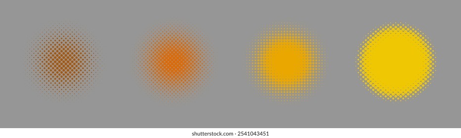 Halftone circles set. Duotone round shaped transition. Modern design elements for icon, emblem, logo, border, frame, pattern, backdrop, wallpaper. Abstract geometric background, vector illustration.