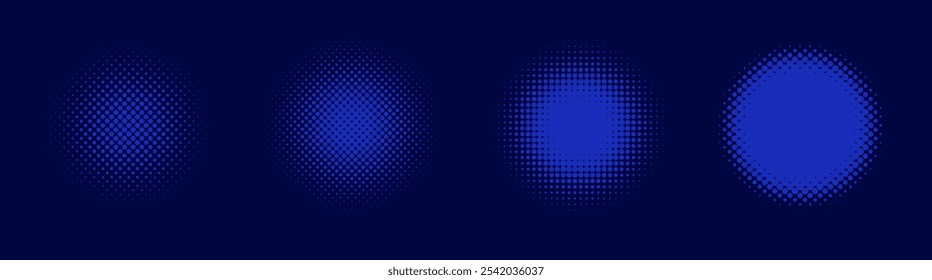 Halftone circles set. Duotone round shaped transition. Modern design elements for icon, emblem, logo, border, frame, pattern, backdrop, wallpaper. Abstract geometric background, vector illustration.