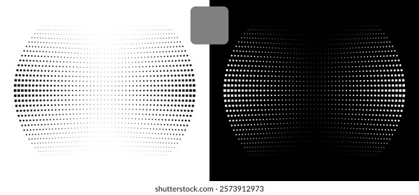 Halftone circles with squares. Abstract creative background or icon, logo, design element. Black shape on a white background and the same white shape on the black side.