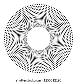 Halftone circles of stars, twisted spiral. Design elements on white background. Vector illustration eps 10 frame with black random dots. Round border Icon using halftone circle dots texture