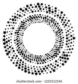 Halftone circles of stars, twisted spiral. Design elements on white background. Vector illustration eps 10 frame with black random dots. Round border Icon using halftone circle dots texture