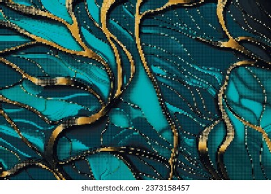 Halftone circles textured waves dotted mosaic pattern. Ornamental half tone gold blue vector background. Halftone beautiful backdrop. Grunge liquid waves ornament with effects. Ornate design. Texture.