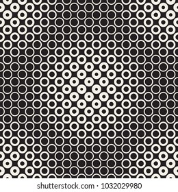 Halftone circles vector seamless pattern. Abstract geometric texture with size gradation of rings. Gradient transition effect background,