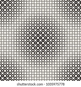 Halftone circles vector seamless pattern. Abstract geometric texture with size gradation of rings. Gradient transition effect background,