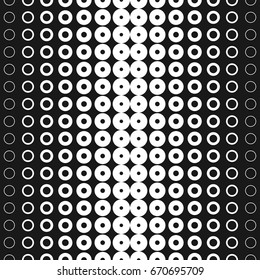 Halftone circles vector seamless pattern. Abstract geometric texture with different sized rings in horizontal rows. Monochrome background, gradient transition effect. Design for decor, digital, web
