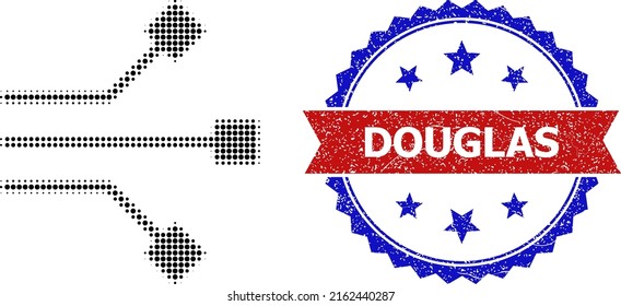 Icono de los nodos de circuito de semitono y sello de sello Douglas de grunge bicolor. El icono de los nodos de circuito de semitono se hace con pequeños puntos redondos. Sello vectorial con un estilo bicolor corroído,
