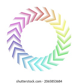 Halftone circular arrow multicolor sign, vector dots direction pointer.