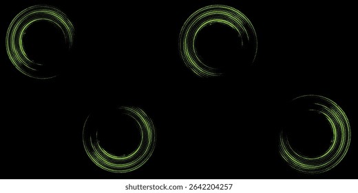 Halftone circular dots frame. Isolated circle dots texture on light green background. Dotted spray texture. Modern black and light green spiral circle sound wave vector logo abstract design element