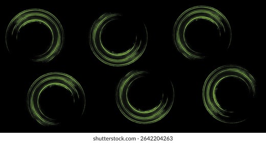 Halftone circular dots frame. Isolated circle dots texture on light green background. Dotted spray texture. Modern black and light green spiral circle sound wave vector logo abstract design element