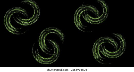 Quadros de pontos circulares de meio-tom. O círculo isolado pontilha a textura no plano de fundo verde-claro. Textura de pulverização pontilhada. Moderno preto e verde claro círculo espiral onda som vetor logotipo elemento de design abstrato