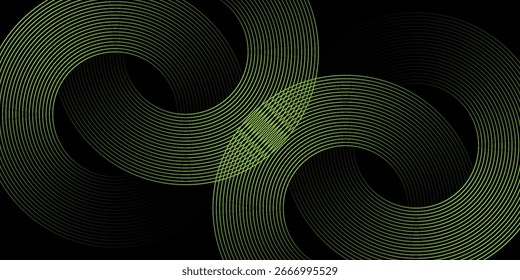 Quadros de pontos circulares de meio-tom. O círculo isolado pontilha a textura no plano de fundo verde-claro. Textura de pulverização pontilhada. Moderno preto e verde claro círculo espiral onda som vetor logotipo elemento de design abstrato