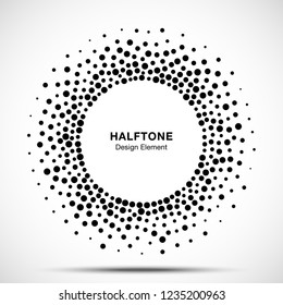 Halftone circular dotted frame. Circle decorative dots isolated on the white background. Logo design element for medical, treatment, cosmetic. Round border using halftone circle dots texture. Vector 