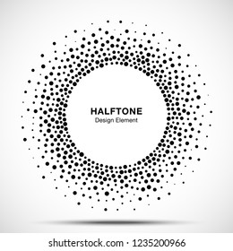 Halftone circular dotted frame. Circle decorative dots isolated on the white background. Logo design element for medical, treatment, cosmetic. Round border using halftone circle dots texture. Vector 