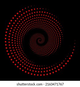 Halftone circular dotted frame. Circle red dots isolated on black background. Logo design element for medical, treatment, cosmetic. Round border using halftone circle dots texture. Optical illusion.