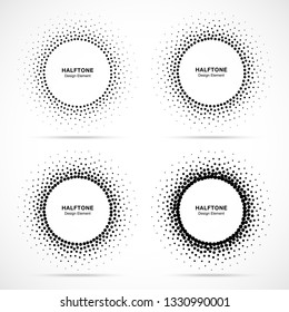Halftone circular dotted frame set. Circle decorative dots isolated on the white background. Logo design element for medical, treatment, cosmetic. Round border using halftone circle dots texture. 