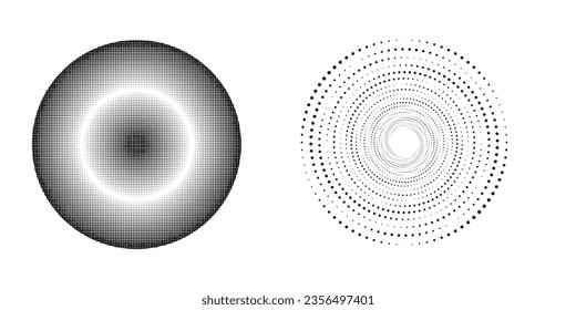 Halftone circular dotted frame set. Circle dots isolated on white background. Logo design element for medical, care, cosmetics. Rounded border using halftone circle dots texture.
