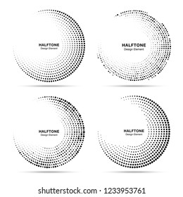 Halftone circular dotted frames set. Circle  dots isolated on the white background. Logo design element for technology, medical, treatment. Round border using halftone circle dots texture. Vector 