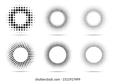 Halftone circular dotted frames set. Circle dots isolated on the white background. Logo design element for medical, treatment, cosmetic. Round border using halftone circle dots texture. Vector